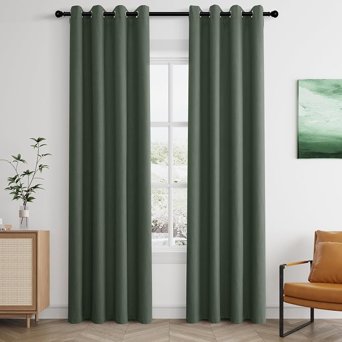 Jowels Olive Green Linen Blackout Curtains 84 Length 2 Panels Set for Living Room Bedroom, 100% Black Out Thermal Insulated Linen Drapes, Room Darkening Grommet Curtains 84 Inches Long