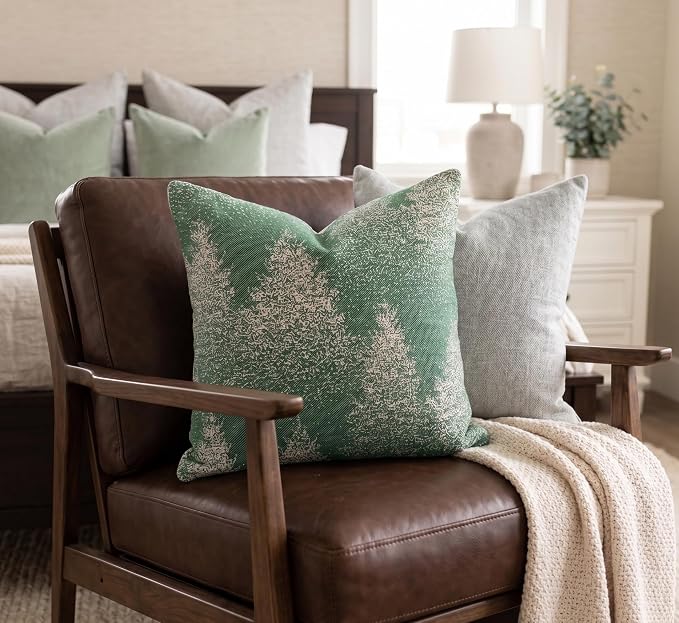 SanVia Cotton Throw Pillow Covers 20x20 – Handwoven Jacquard Texture, Fade-Resistant, No Pilling – Hidden Zipper, Decorative Cushion Cover for Sofa, Couch, Bed – Insert Not Included (Floral, Green)