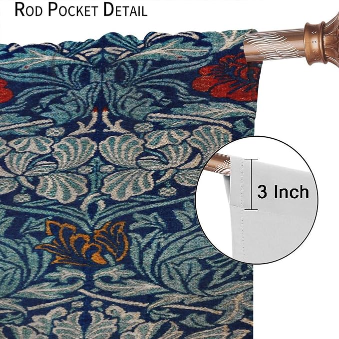 Bohemian William Morris Retro Plant Floral Blackout Window Curtains, Flower Vintage Country Farmhouse Art Window Drapes, for Bedroom Living Room 72x63in