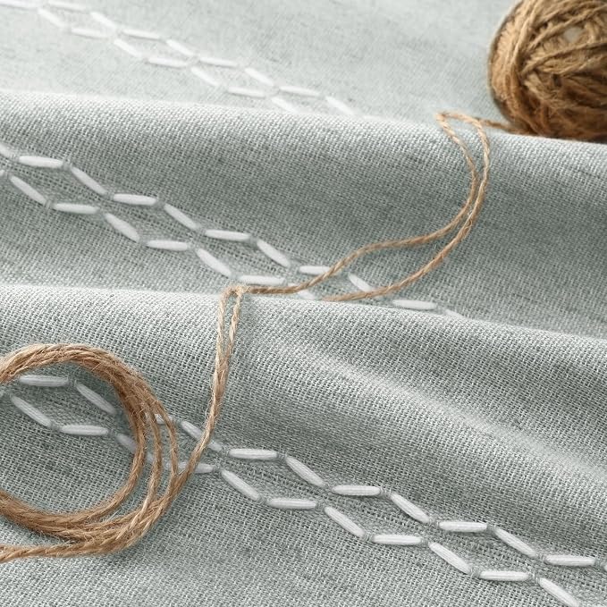 Teal Boho Blackout Curtains 2 Panels 84 Inch for Living Room Bedroom, Light Green Linen Texture Farmhouse Curtains with Tassels and White Cotton Embroidery Vintage Rustic Country Western