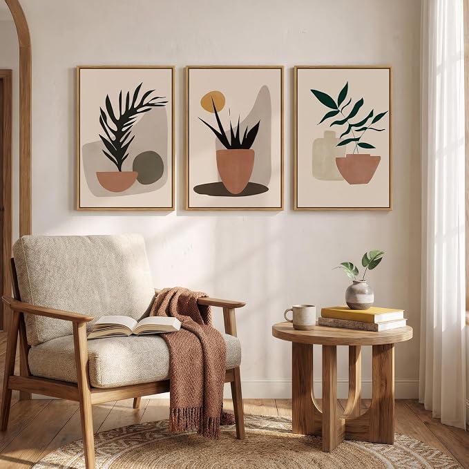 Framed Boho Botanical Canvas Wall Art Prints, Set of 3 Piece Bohemian Neutral Orange Paintings Artwork for Walls, Elegant Boho Plant Pictures for Living Room Dining Room Office Wall Decor, 16x24 Inch