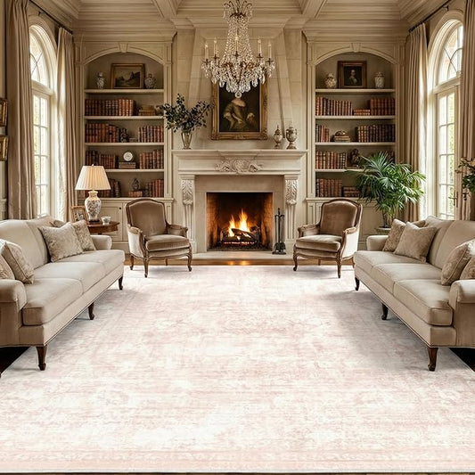 Homemate Washable Rug 10x12 Area Rugs - Vintage Faux Wool Rugs for Living Room Bedroom Dining Room - Non Slip Foldable Carpet Indoor Area Rug for Home Decor（10'x12', Pink