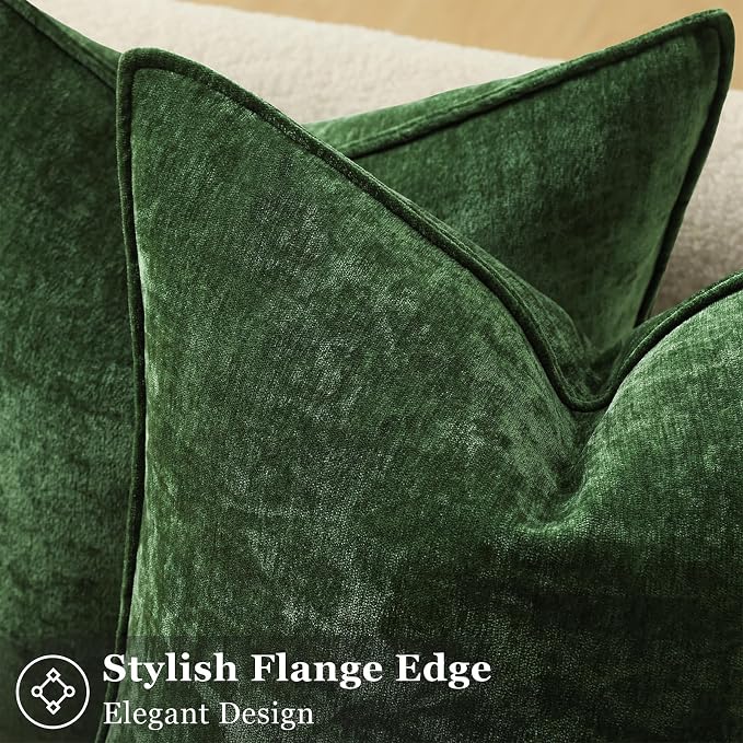decorUhome Fall Couch Throw Pillow Covers 20x20 Set of 2, Decorative Soft Velvet Modern Cozy Chenille Pillow Cases with Elegant Design for Sofa Bed Living Room Home Decor, Moss Green