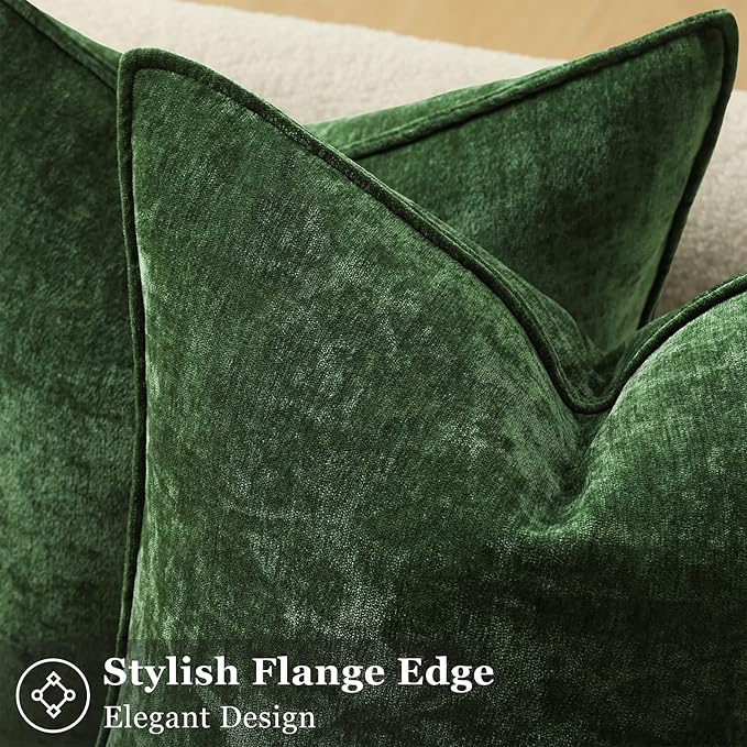 decorUhome Fall Couch Euro Sham Throw Pillow Covers 22x22 Set of 2, Decorative Soft Velvet Modern Cozy Chenille Pillow Cases with Elegant Design for Sofa Bed Living Room Home Decor, Moss Green