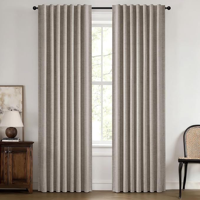 MIULEE 100% Blackout Linen Curtains for Bedroom, Greige Solid Luxury Decor Thermal Insulation Room Darkening Drapes for Living Room Back Tab Rod Pocket 42 x 90 Inches, 2 Panels