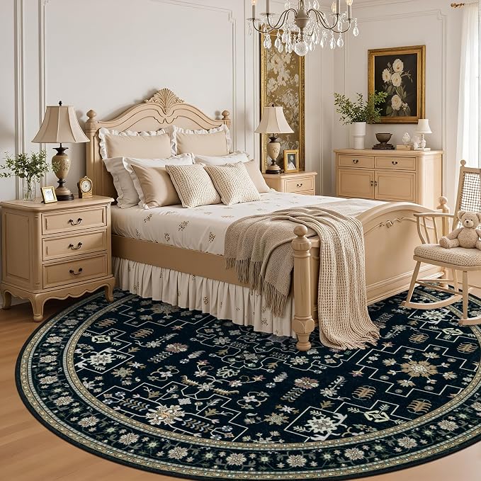 Round Area Rug for Living Room: 6ft Washable Vintage Boho Soft Thin Circle Rug Indoor Floor No Slip Stain Resistant Carpet for Bedroom Dining Room Farmhouse Nursery Home Office -Black