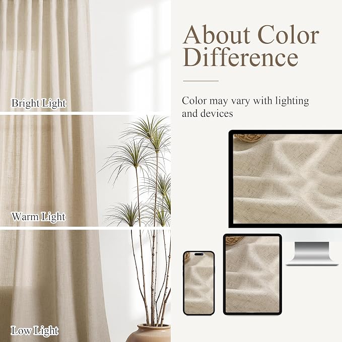 Aersas Taupe Burlywood Linen Curtains 84 Inches Length for Living Room Flax Texture Wave Fabric Semi Sheer with Rod Pocket Back Tab for Bedroom Balcony Light Filtering Neutral Home Decor 52x84