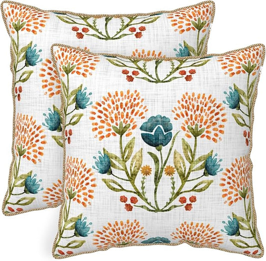 KSLIDS Floral Leaf Soft Velvet Throw Pillow Covers Set of 2 Orange Flowers Sage Green Leaves Decorative Pillow Covers 18x18 Inch Farmhouse Pillow Case for Sofa Couch Living Room Home Decor