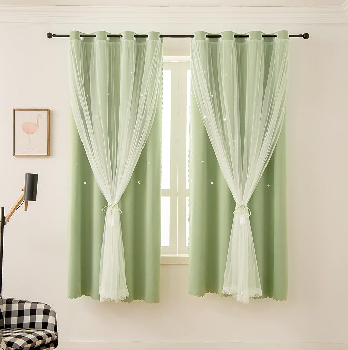 Cute Star Blackout Curtains for Girls Bedroom, Princess Curtains, W52X L84 | 1 Panel Green Thick Grommet Top Star Cutout Curtains, Double Layer Nursery Kids Curtains, Aesthetic Living Room Decor