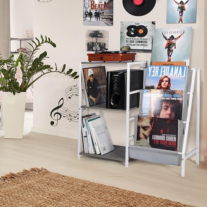 HYCFYJR Record Player Stand, 3-Tier Vinyl Record Storage, Turntable Stand with Now Playing Holder, Vinyl Display for Living Room, Grey & White