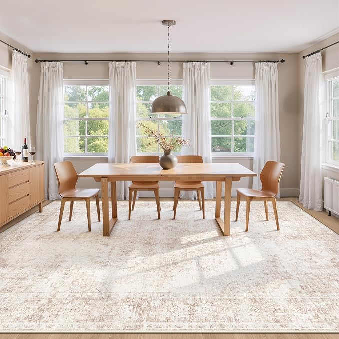 Area Rug 9x12 Vintage Rug: Large Washable Indoor Medallion Rugs Low Pile Distressed Floor Carpet Retro Accent Rug for Living Room Bedroom Kitchen Dining Table Home Office(Retro Beige, 9'x12')