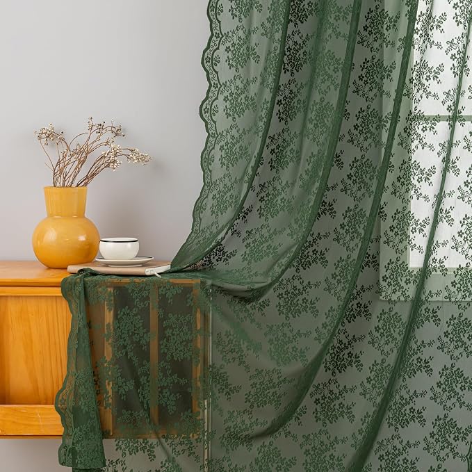 YJ YANJUN Vintage Lace Curtains 84 Inches Long- Country Olive Green Boho Sheer Curtains for Living Room Bedroom Scalloped Light Filtering Christmas Decor 2 Panels Set W52 X L84 Dark Forest