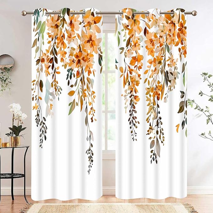 Orange Watercolor Floral Curtains, Botanical Leaves Vine Flowers Curtain, Rustic Farmhouse Flower Leaf Blackout Window Treatment Drapes for Bedroom Living Room 42x72 inch, 2 Panels