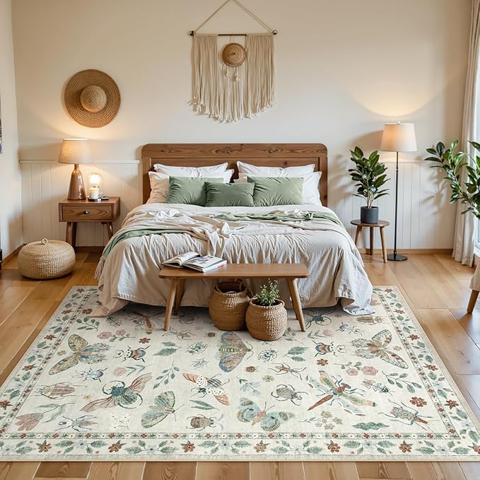 Lahome Insect 9x12 Area Rugs for Living Room Bedroom, Soft Washable Rugs 9x12 Stain Resistant, Ultra-Thin Non-Slip Dining Room Rug Non-Shedding Carpet for Office Vionnet(9x12ft,Beige)