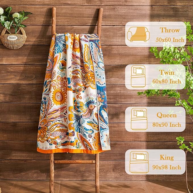 Boho Blanket Soft Muslin Boho Throw Blanket 100% Cotton Blanket All Seasons Reversible Rustic Floral Printed Vintage Rustic Farmhouse Decor Throw for Sofa Couch Chair (Yellow, 50"x60")