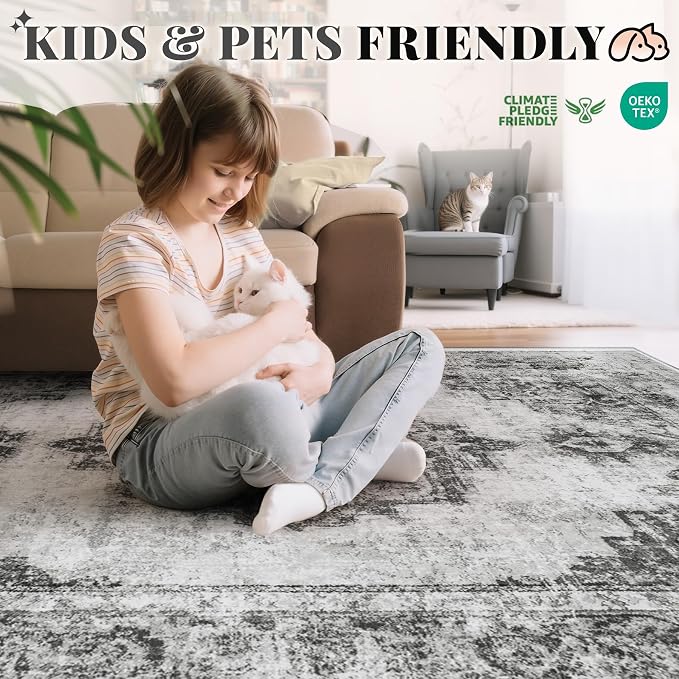 Area Rug 2x6 Runner Rugs: Washable Vintage Hallway Rug Indoor Medallion Rugs Low Pile Distressed Floor Carpet Retro Accent Rug for Kitchen Bedroom Bathroom Dining Room(Black, 2'x6')