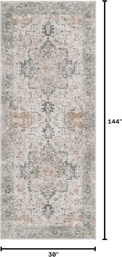 GENIMO Runner Rug 2'6''x12, Non Slip Vintage Hallway Runner Rugs, Low Pile Lightweight Machine Washable Mat for Hallway, Entryway, Bedroom, Kitchen and Corridor, Light Taupe Brown
