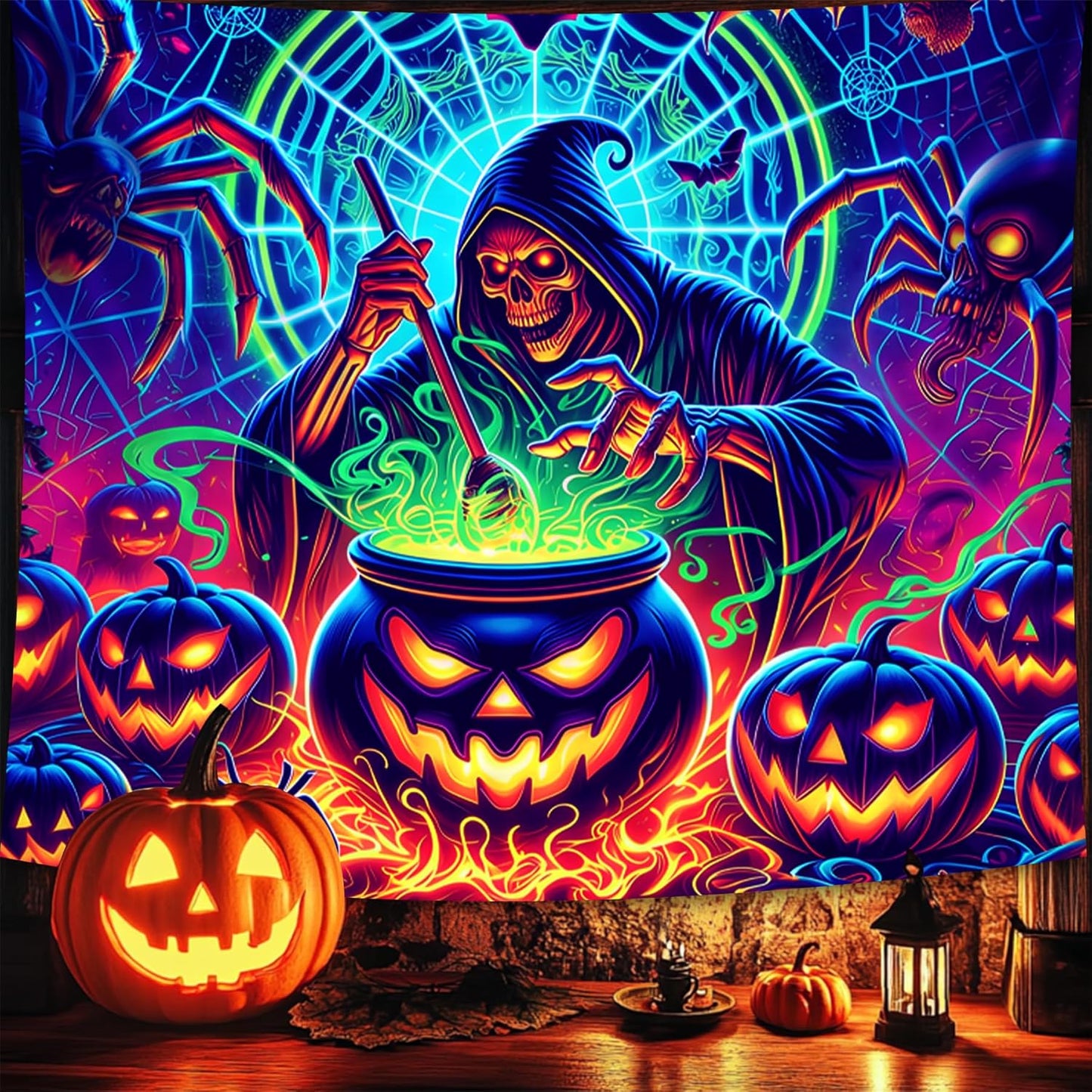 Halloween Tapestry, Blacklight Tapestry for Halloween Party Decor Hanging Tapestries Backdrop Wall Art Poster for Bedroom Dorm 79x59in