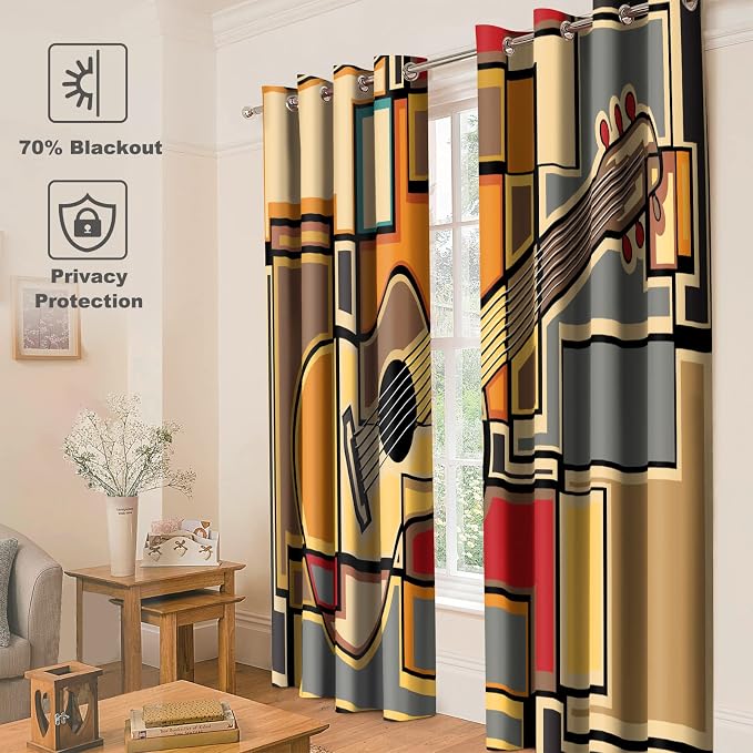Jekeno Music Guitars Blackout Curtains - Geometric Square Shaped Splicing Background Print Darkening Window Drapes Decor Bedroom Home Living Room Grommet Window Drapes 2 Panel Set, 52"x63"
