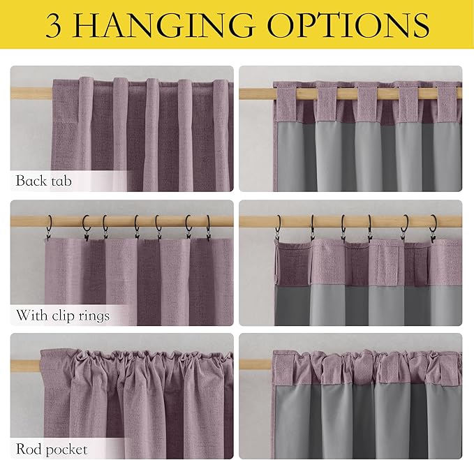 NICETOWN Chaise Mauve Vintage Linen 100% Blackout Curtains for Living Room, 52" Wide Per Panel, Set of 2, Thermal Insulated Curtains 90" Long, Noise Reducing Window Treatment Drapes for Home Cinema