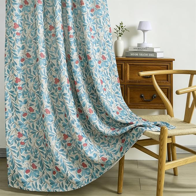 RoomTalks 63 Inches Boho Floral Curtains for Bedroom Dining Living Room Nursery Light Filtering, Country Farmhouse Vintage Elegant Faux Linen Window Curtain Panels Cute Aesthetic Cottagecore Drapes