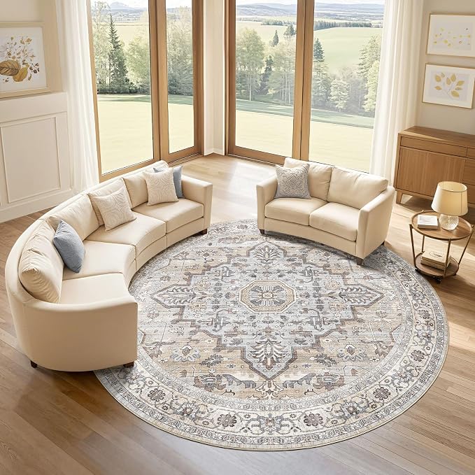 Round Rug Living Room Rugs: 10x10 Washable Boho Neutral Large Circle Soft Indoor Distressed Stain Resistant Floor Farmhouse Carpet for Bedroom Nursery Kids Playroom Office Dining Room Dorm- Cream Gray