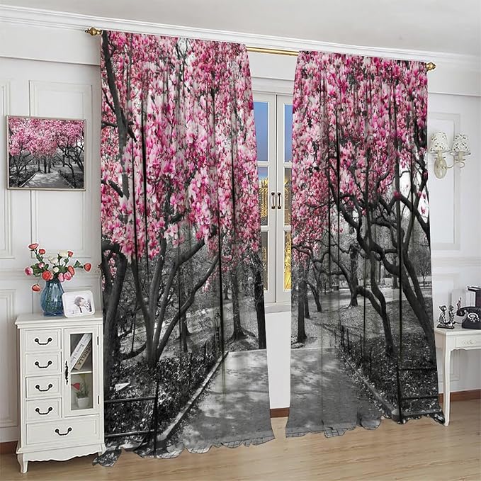Cherry Blossom Forest Blackout Curtains for Kitchen,Vintage Rustic Pink Cherry Blossom Trees Forest Nature Landscape Window Treatments Print for Girls Kids Bedroom Living Room 42x63in