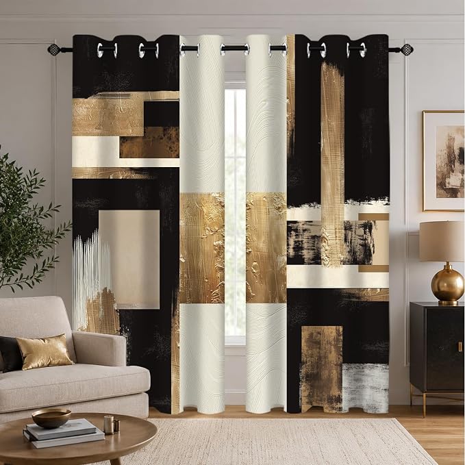 Boho Black Gold Abstract Blackout Curtains, Modern Oil Aesthetic Neutral Contemporary Beige Darkening Thermal Insulated Grommet Light Blocking Drape Decor, 52 x 63 Inch Long 2 Panels