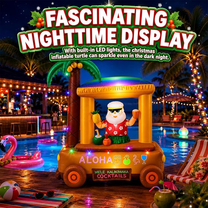 Leyndo Christmas in July Inflatable, 7 ft Christmas Inflatables Hawaiian Beach Santa at Bar Decorations, Built-in Led, Outdoor Xmas Blow up for Tropical Hawaiian Luau Holiday Beach Party Supplies