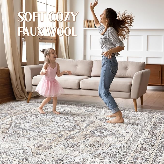 12x15 Area Rug Living Room: Washable Boho Large Neutral Vintage Soft Rugs Stain Resistant Farmhouse Non-Slip Indoor Floor Carpet for Bedroom Nursery Kids Office Dining Room- Ivory Gray
