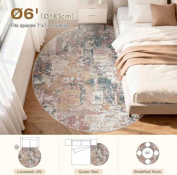 Tortania Washable 6' Round Area Rug for Living Room: Modern Abstract Neutral Large So' Thin Rugs - Non Slip Indoor Carpet for Bedroom Dining Room Office Nursery Home Floor Decoration - Colorful Multi