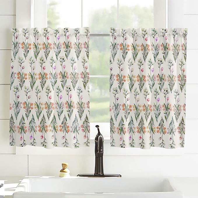 Kitchen Tier Curtains 54 inches Long, Vintage Flower Colorful Floral and Green Leaves Window Curtains for Living Room Bath,Rod Pocket Light Filtering Drapes Short Half Window Treatment Tiers 2 Panels