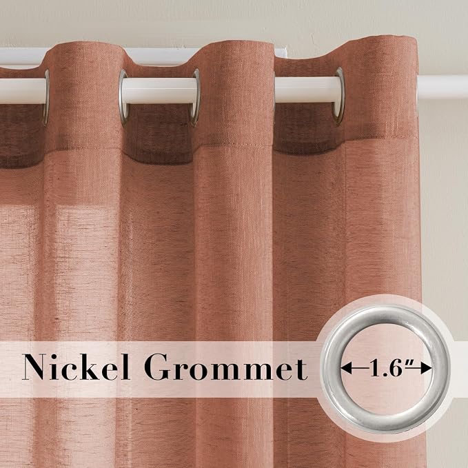 H.VERSAILTEX Linen Curtains Natural Linen Blended Curtain Panels for Living Room/Light Reducing Linen Semi Sheer Curtains 2 Panels Set Nickel Grommet Window Panels (52x84 Inch, Terracotta)