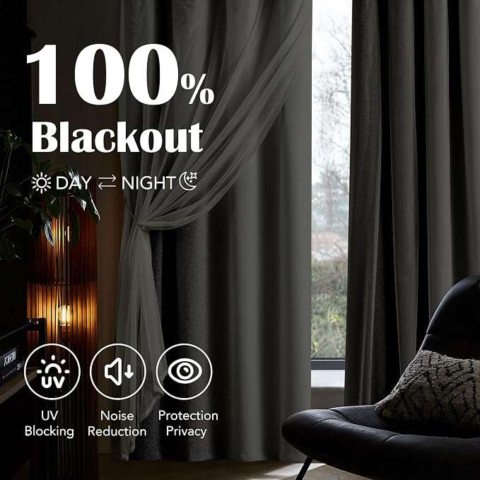 Ombre 100% Blackout Curtains 63 Inches Long 2 Panels for Bedroom Living Room Grey and White Double Layer Sheer Overlay Mix & Match Grommet Thermal Soundproof Drapes with Tiebacks, 52x63