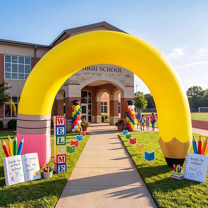 RattanView 8 ft Back to School Pencil Inflatable Arch Yard Decoration Kindergarten Inflatables Arch Preschool Large Yellow Pencil Blow up with LED Lights for Outdoor Lawn Garden Backdrop Photo Props