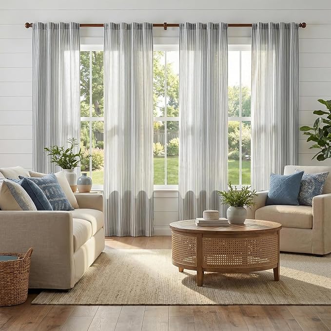 jinchan Linen Curtains 84 Inch Blue Stripe on Beige Back Tab 4 Panels | Curtains For Living Room Bedroom,Ticking Stripe Pattern, Farmhouse Cottage Core Rustic,Window Treatment,Light Filtering
