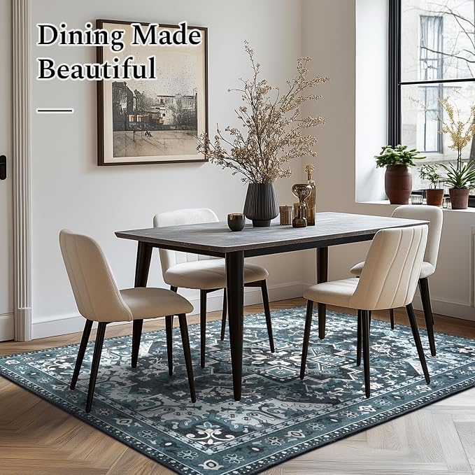 Rugflix 4x6 Area Rugs Machine Washable, Dark Navy Blue Carpet for Living Room, Oriental Indoor Area Rug Low Pile, Large Soft Thick Carpets Non Slip, Farmhouse Vintage Rug for Bedroom Dining Room