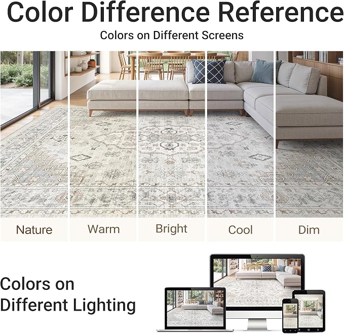 befbee 8x10 Area Rugs for Living Rooms, Stain Resistant Neutral Washable Rugs for Dining Rooms, Floral Vintage Non-Slip Thin Large Size Area Rug(Light Grey)