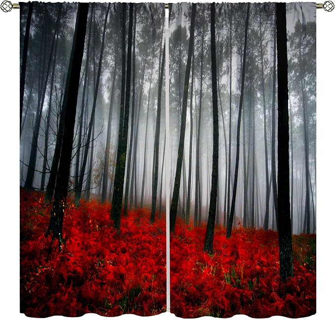 Green Forest Blackout Curtains for Bedroom,Watercolour Nature Lake Misty Forest Plants Trees Landscape Window Drapes for Boys Girls Living Room Kitchen 52x84in