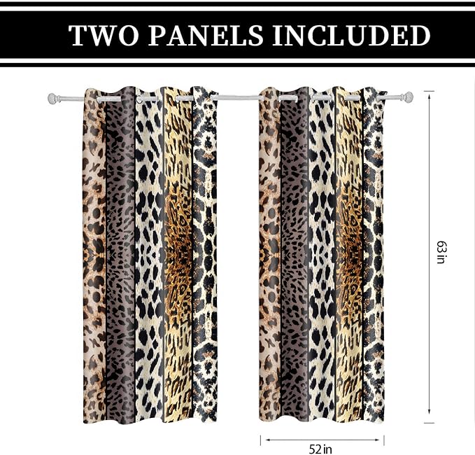 Wild Animal Print Curtain, Room Darkening Thermal Insulated Blackout Leopard Boa Window Drapes with Grommets for Living, Dining, Bedroom, Grey Leopard Print, 52"x 63", 2 Panels