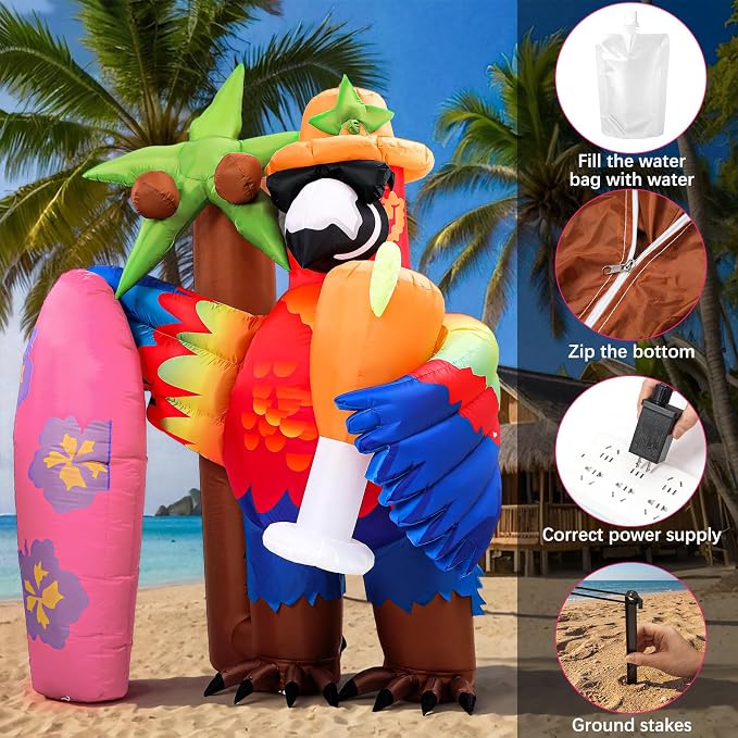 Leyndo 7.2x5.7ft Gaint Hawaiian Inflatable Parrot Decorations Tiki Inflatable Palm Coconut Tree with LED Lights Aloha Luau Hawaiian Tropical Party Decorations for Indoor Outdoor Birthday Beach