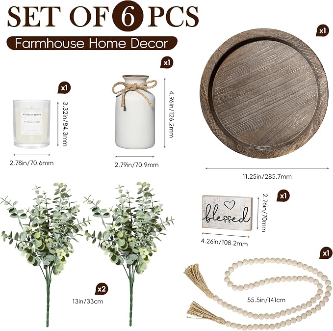 Rustic Modern Farmhouse Decor Set of 6 for Your Living Room, Kitchen Counter, Home or Table Centerpieces Room Decor, Wood Round Decorative Tray Gifts for Women Men
