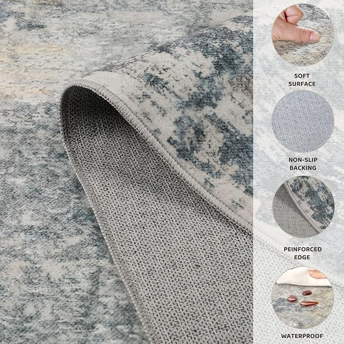 UERMEI 8ft Round Area Rug Living Room Rugs - 8x8 Washable Neutral Modern Abstract Soft Thin Rug Indoor Floor No Slip Rug Carpet for Bedroom Under Dining Table Home Office Decor - Blue Grey