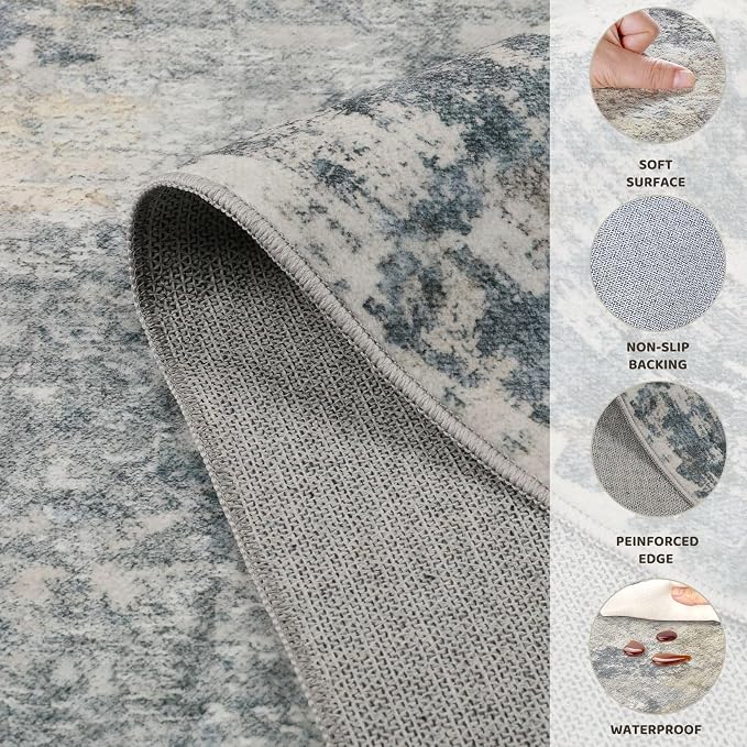 UERMEI 2x3 Entryway Area Rug: Washable Neutral Modern Abstract Small Rug - Non-Slip Low Pile Throw Indoor Carpet for Entrance Kitchen Front Door Mat Bathroom Entry Kids Room - Blue Grey