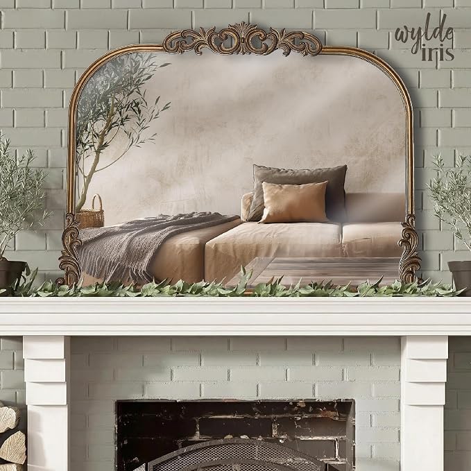 Wylde Iris English Estate Carved Arch Wood Wall Mirror, Mirror for Entryway, Living Room, Bathroom, Antique Gold, 30.6x41
