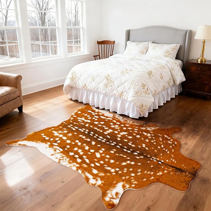 Huichenxing2021FURSTORE Faux Deer Skin Rug,Animal Deer Hide Rug Antelope Print Skin Faux Reindeer Cow Hide Area Rugs for Living Room Bedroom 5.3x6.6ft