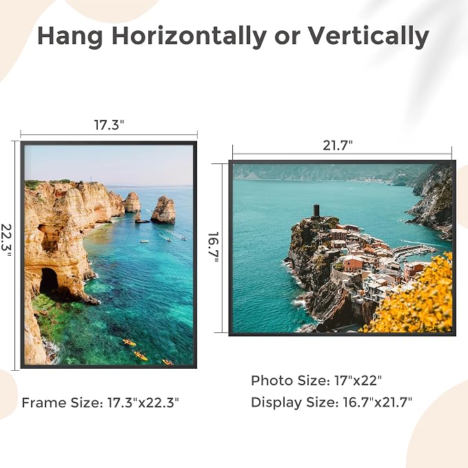 FLYJOE 17x22 Metal Picture Frame - Black Aluminum Picture Frames with Real Glass, Wall Mounting Horizontally or Vertically, Diploma, Certificates and Decor for Wall Gallery 22x17 Frame, Black