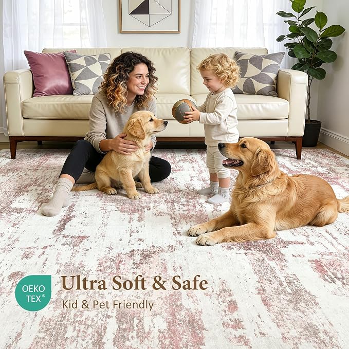 Area Rugs for Living Room: 7x9 Abstract Washable Rug Modern Neutral Large Soft Stain Resistant Non-Slip Backing Machine Table for Bedroom Dining Room Indoor Home Office Carpet - Pink