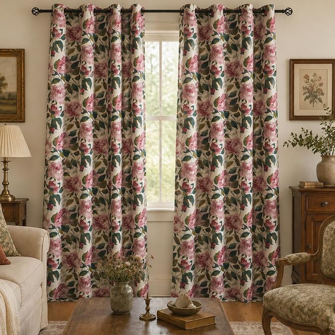 ALIGOGO Pink Vintage Floral Curtains for Living Room 84 Inch Length, French Country Peony Linen Patterned Curtains, Farmhouse Botanical Drapes Semi Blackout Window Curtain Panels, 1 Pair W50 x L84