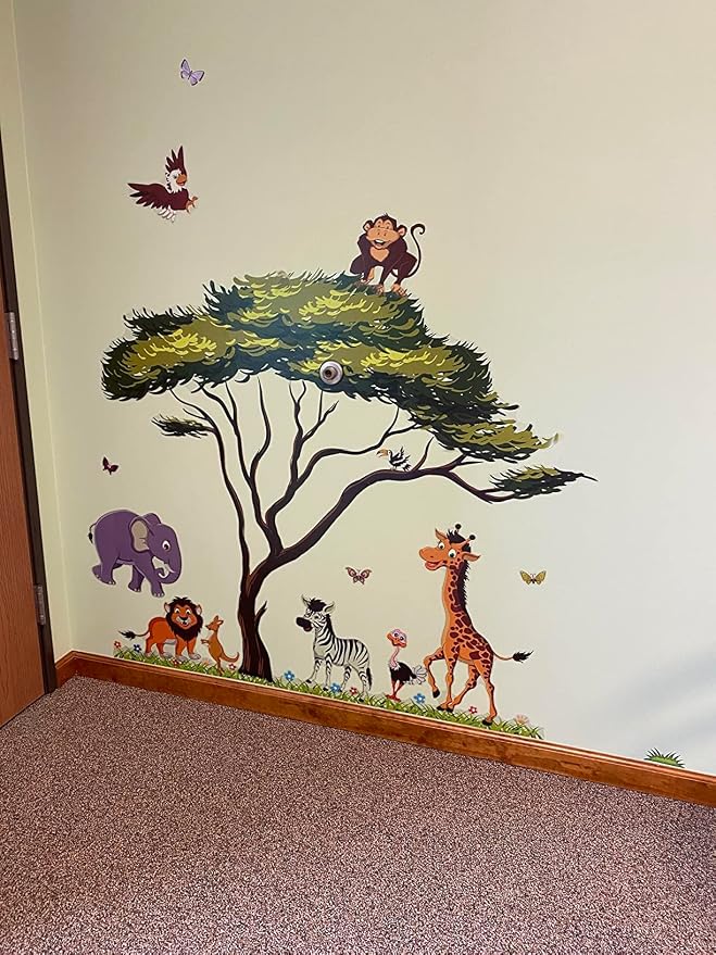 Amaonm Giant Jungle Animal and Tree Wall Decals Removeable DIY Flower Lion Giraffe Monkey Wall Sticker Peel and Stick Wall Decor for Baby Boys Nursery Kids Room Bedroom Living Room Classroom
